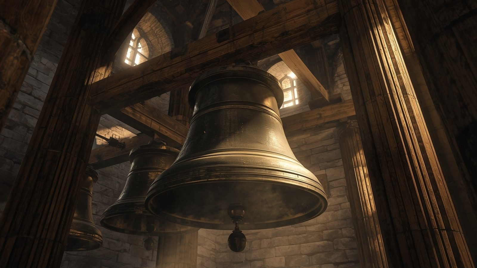 Grande cloche de bronze dans un clocher de pierre aux poutres de bois
