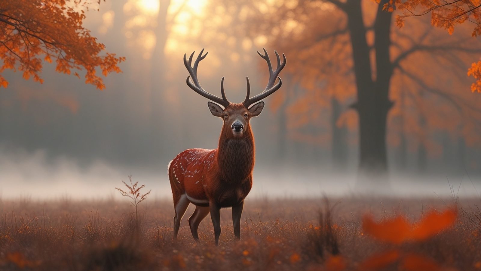 Cerf majestueux aux grands bois dans une clairière brumeuse d'automne