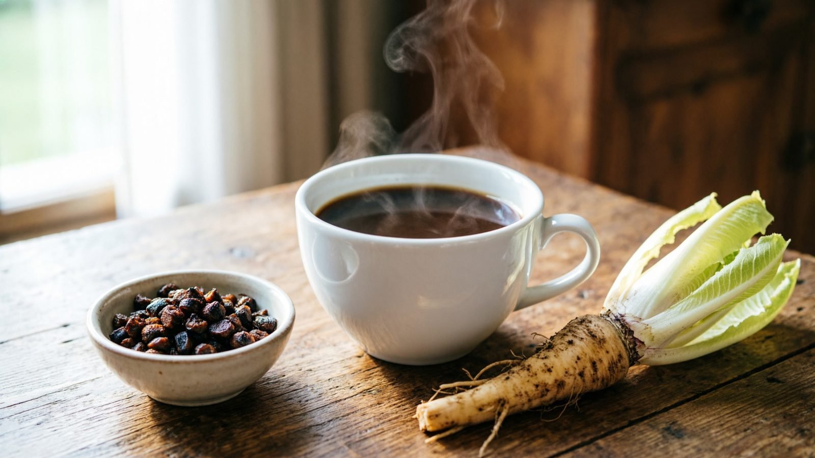 Tasse de chicor&eacute;e fumante, grains torr&eacute;fi&eacute;s et racine de chicor&eacute;e sur une table en bois