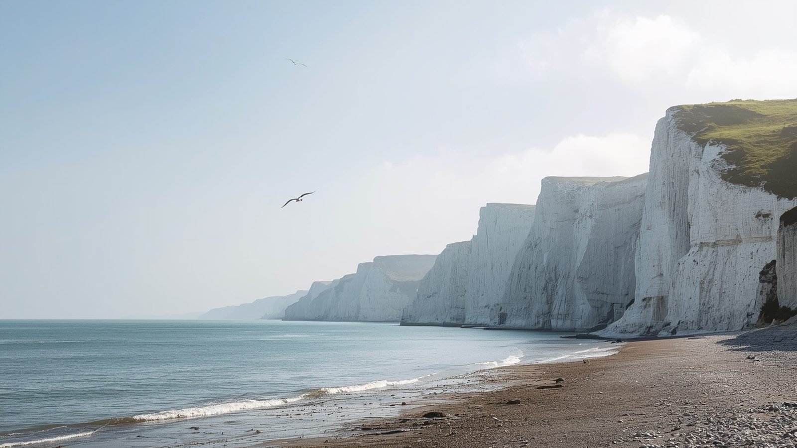 Falaises de craie blanche surplombant une mer calme sous un ciel clair