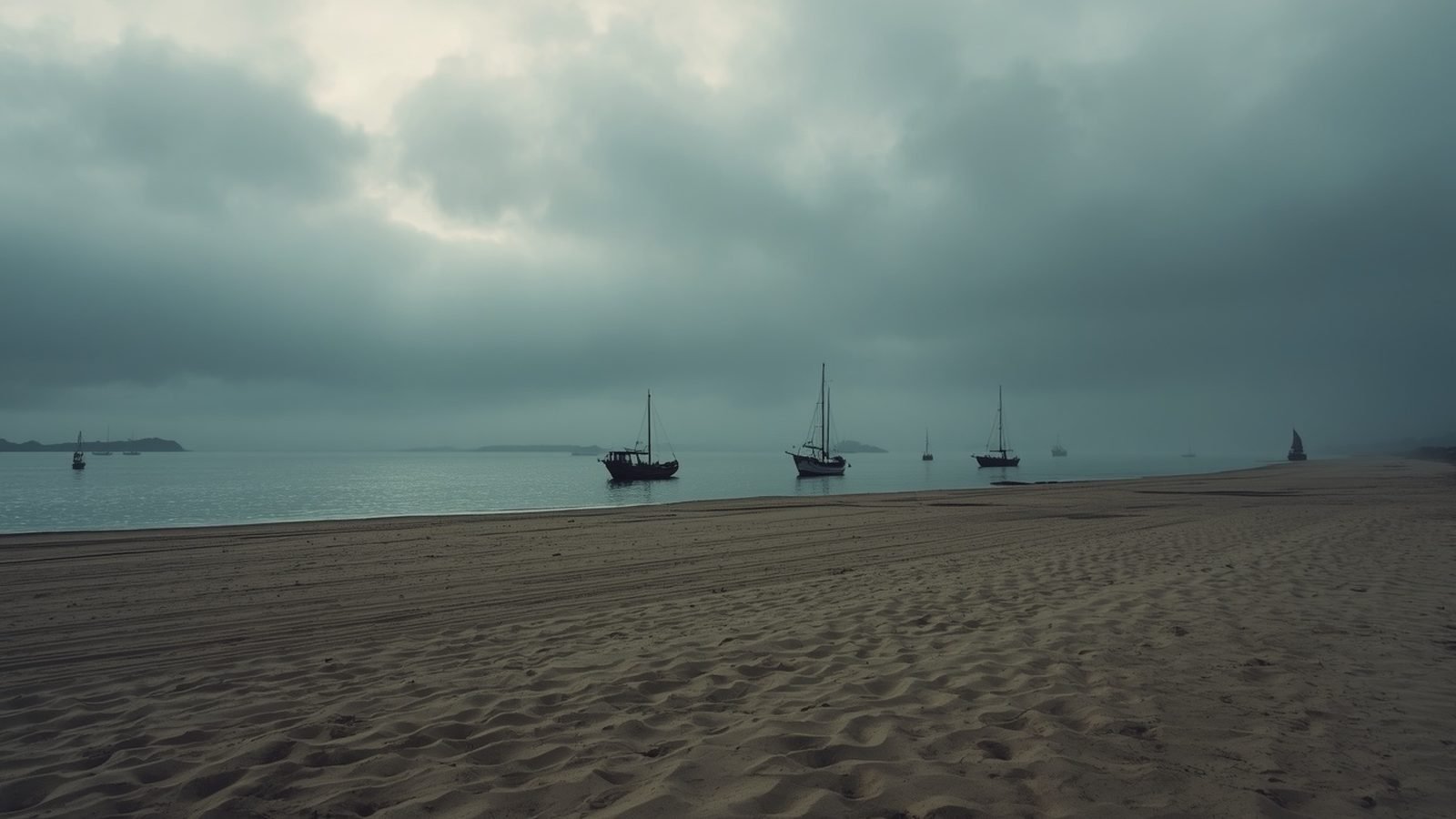 Plage déserte au crépuscule avec de petits bateaux échoués sur le sable