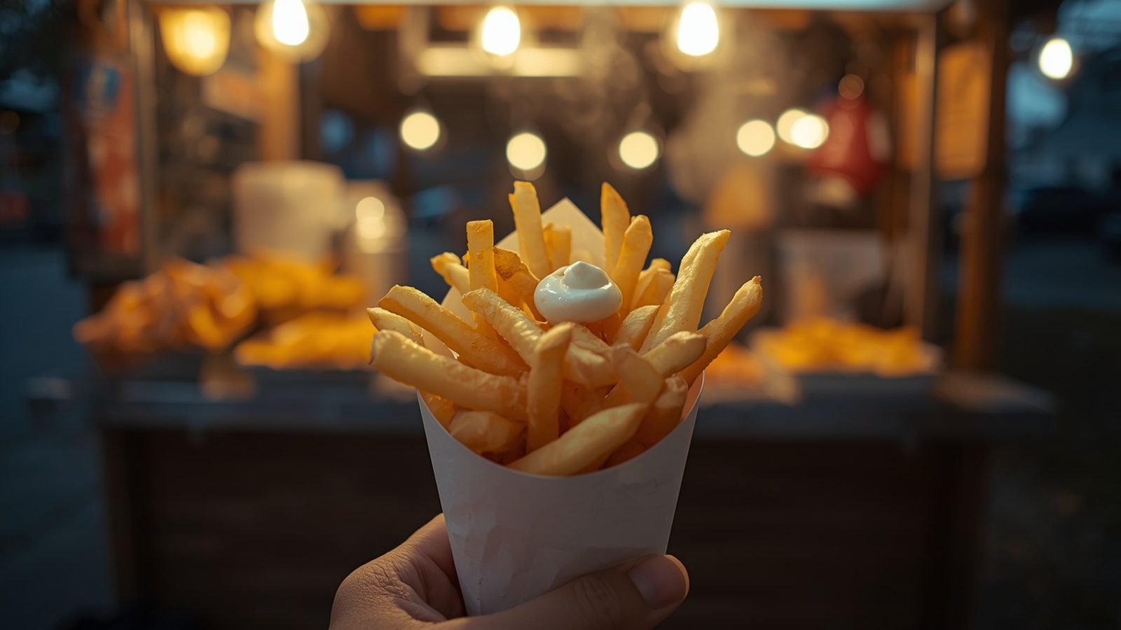 Cornet de frites dor&eacute;es tenu devant une baraque &agrave; frites le soir
