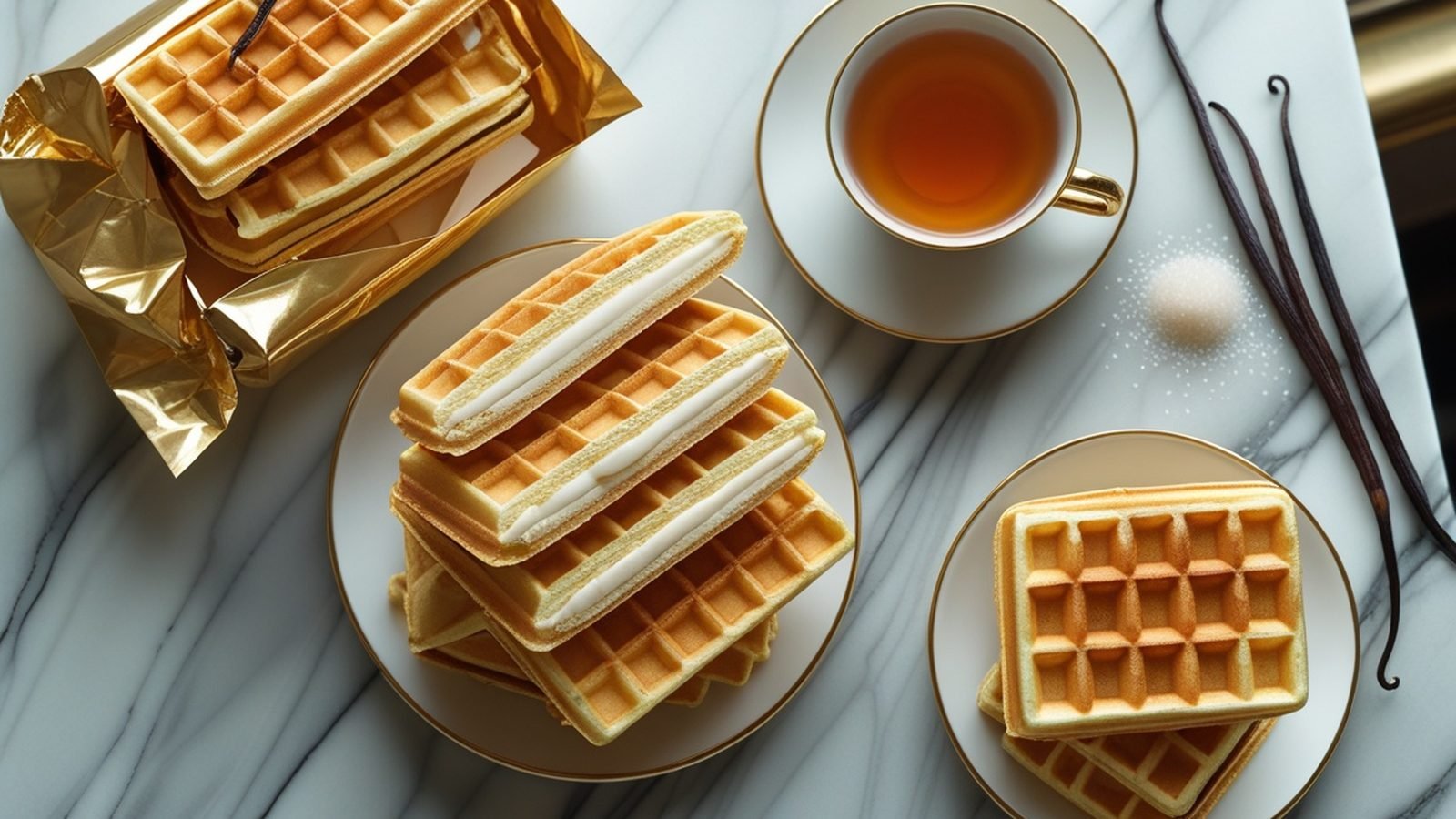 Gaufres rectangulaires dorées fourrées de crème vanillée à côté d'une tasse de thé sur une table en marbre