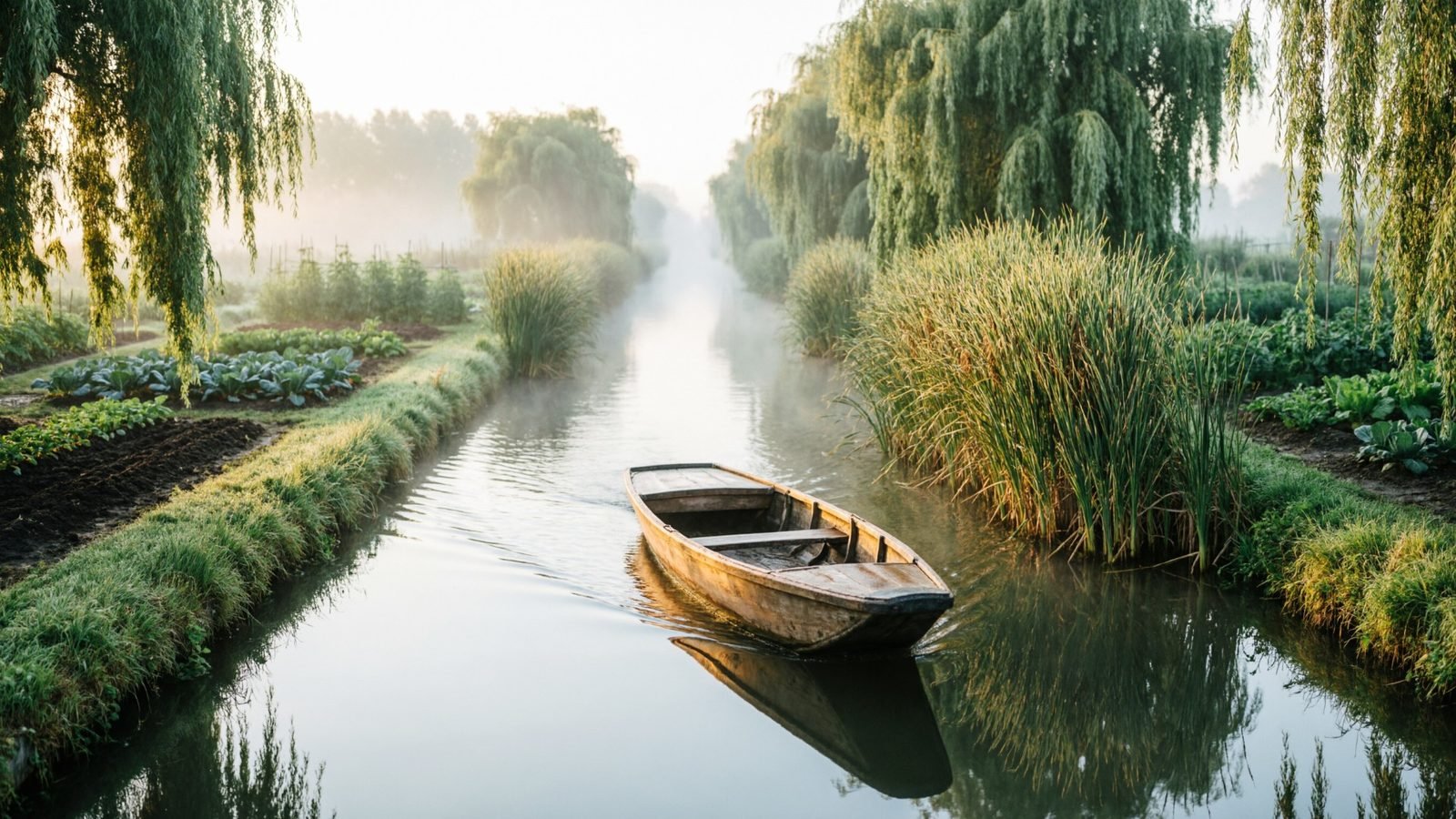 Barque à fond plat sur un canal bordé de saules et de potagers dans un marais brumeux