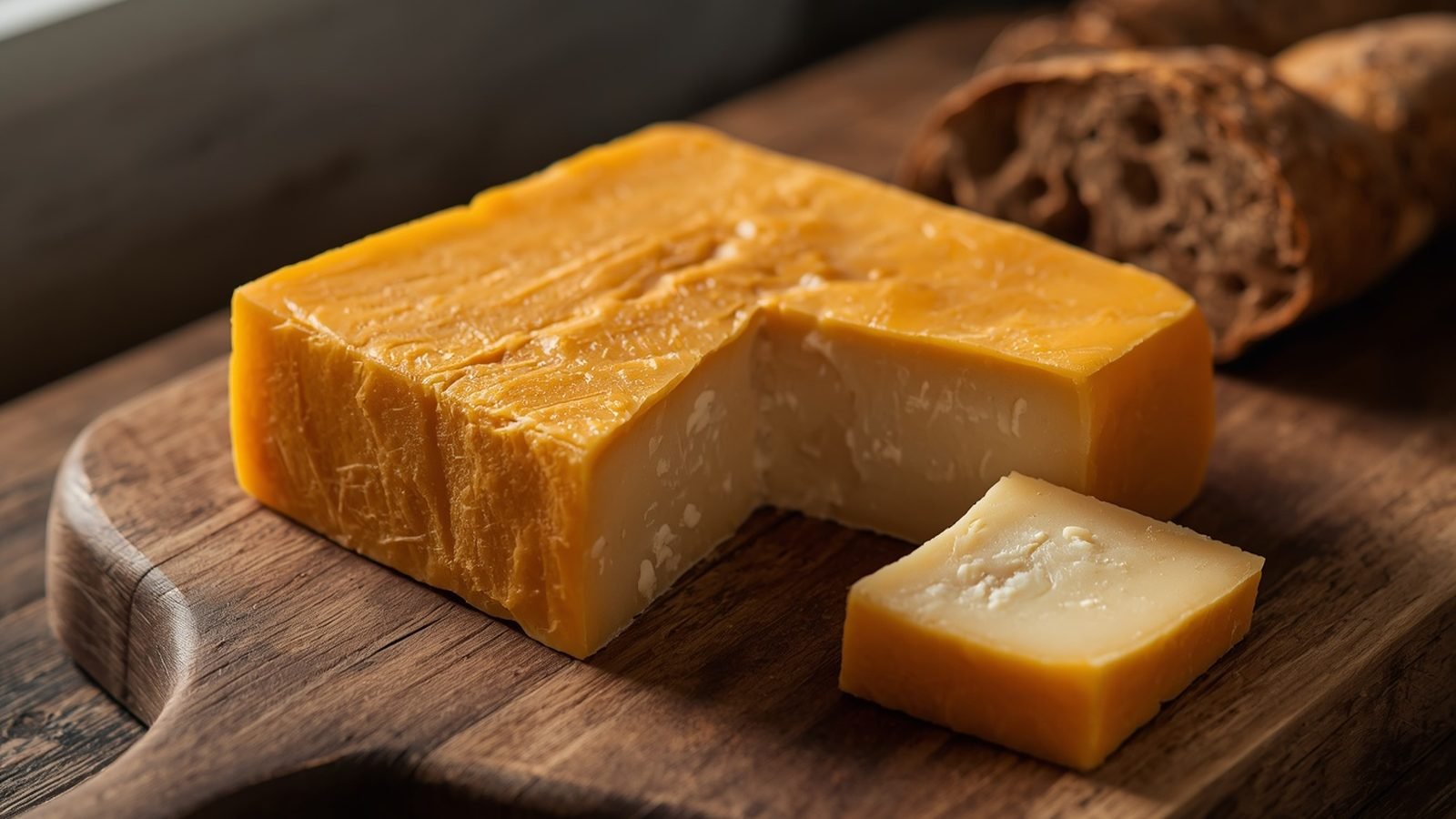 Maroilles carr&eacute; &agrave; cro&ucirc;te orang&eacute;e entam&eacute; sur une planche en bois