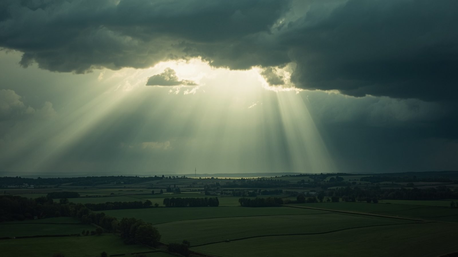 Rayon de soleil per&ccedil;ant les nuages au-dessus de la campagne du Nord