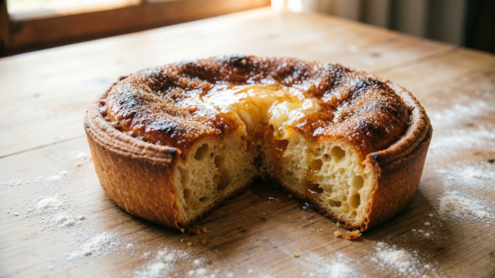 Tarte briochée au sucre caramélisé et au beurre, une part découpée, sur une table en bois