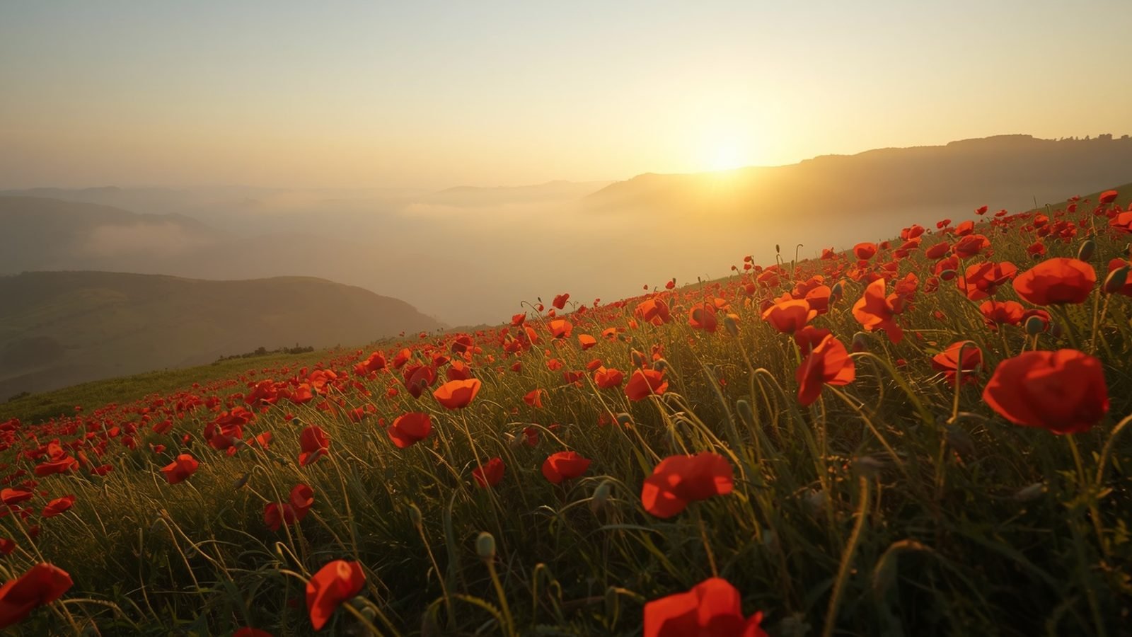 Champ de coquelicots rouges sur une colline au lever du soleil